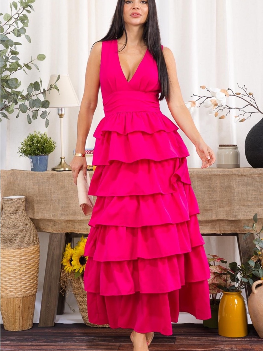 Sleeveless Tiered V-Neck Ruffle Maxi Dress in Hot Pink